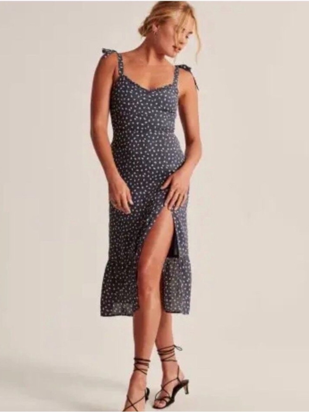 Blue Tie-Strap Midi Dress with White Dot Print Abercrombie and Fitch size medium